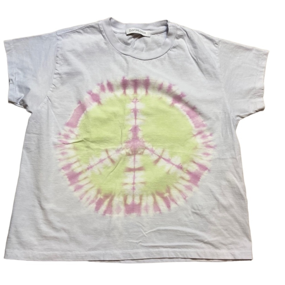Daydreamer White Short Sleeve Tee with Yellow and Pink Tie-Dye Peace Sign